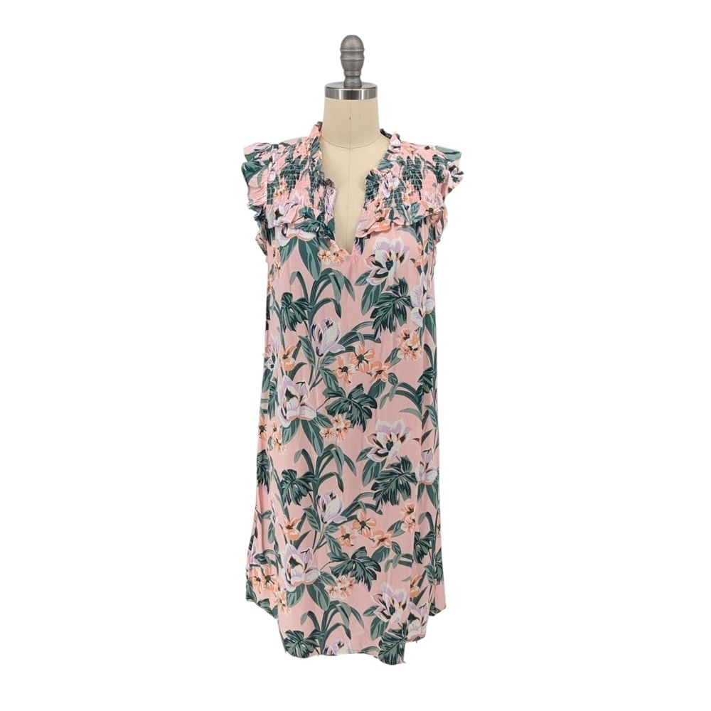 Loft Floral Smock Shift Tunic Dress Pink Green S bohemian cottagecore summer